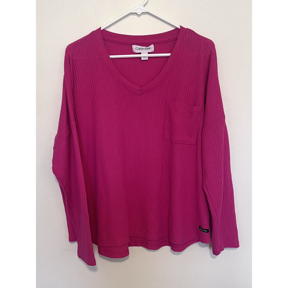 🛍️3 for $20🛍️ 
Calvin Klein Waffle Knit Top Women’s XL Hot Pink V-Neck Honeycomb - Picture 3 of 5